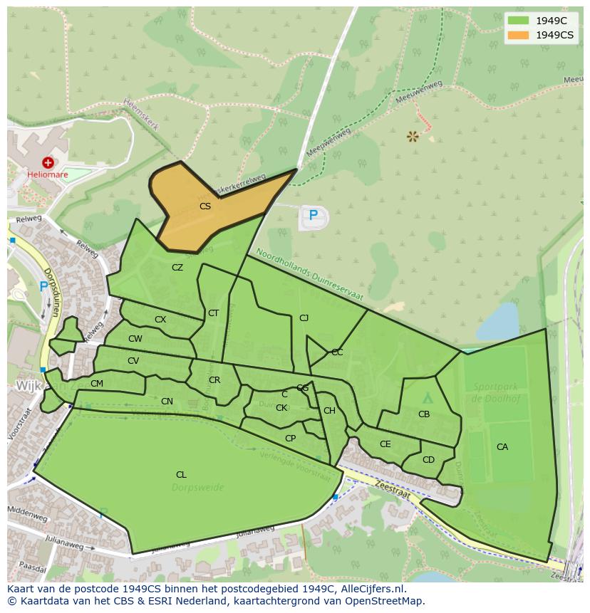 Afbeelding van het postcodegebied 1949 CS op de kaart.