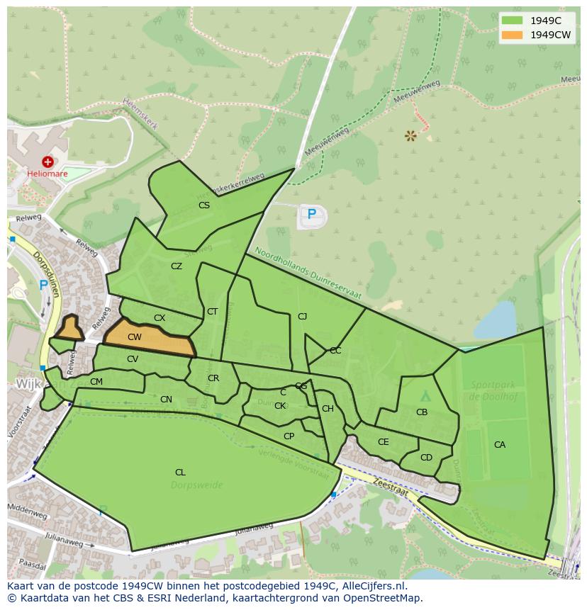 Afbeelding van het postcodegebied 1949 CW op de kaart.