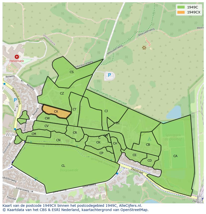 Afbeelding van het postcodegebied 1949 CX op de kaart.