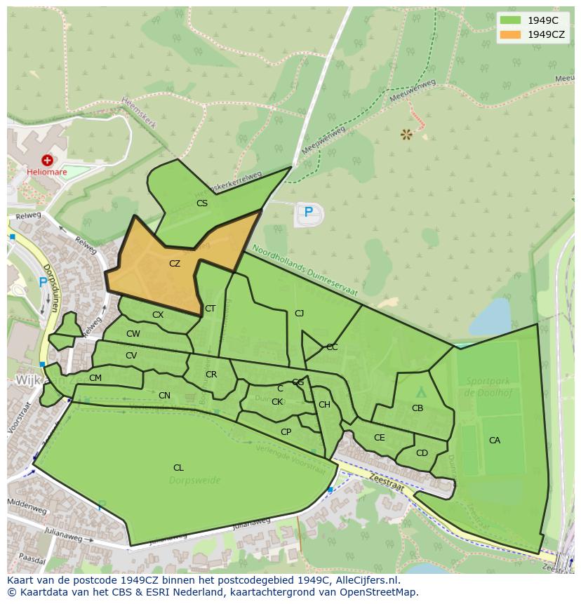 Afbeelding van het postcodegebied 1949 CZ op de kaart.