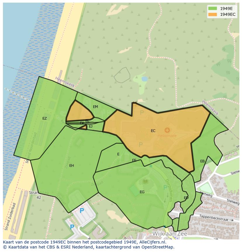 Afbeelding van het postcodegebied 1949 EC op de kaart.