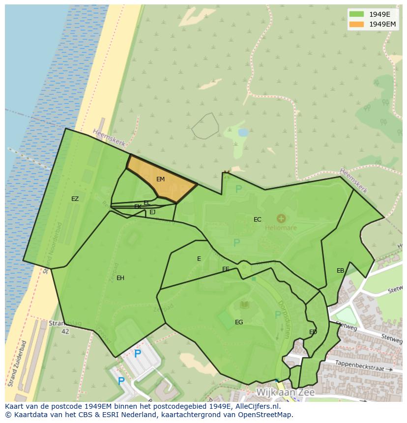 Afbeelding van het postcodegebied 1949 EM op de kaart.