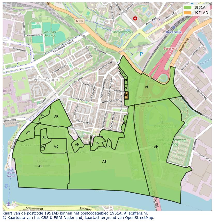 Afbeelding van het postcodegebied 1951 AD op de kaart.