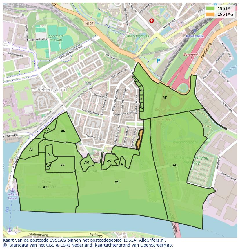 Afbeelding van het postcodegebied 1951 AG op de kaart.
