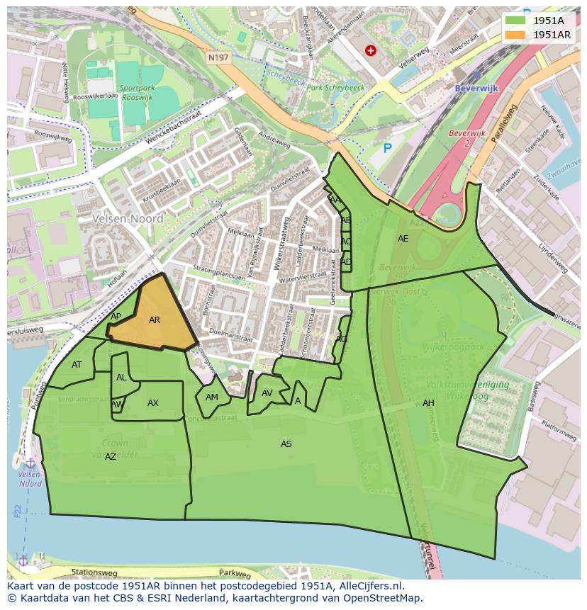 Afbeelding van het postcodegebied 1951 AR op de kaart.