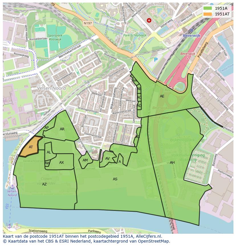 Afbeelding van het postcodegebied 1951 AT op de kaart.