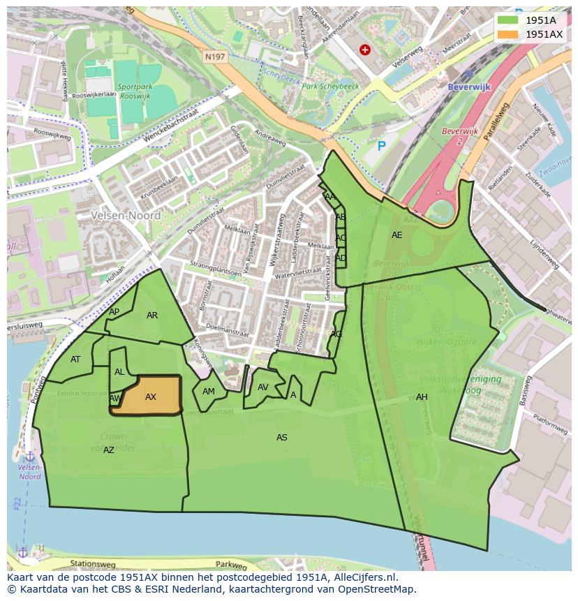 Afbeelding van het postcodegebied 1951 AX op de kaart.
