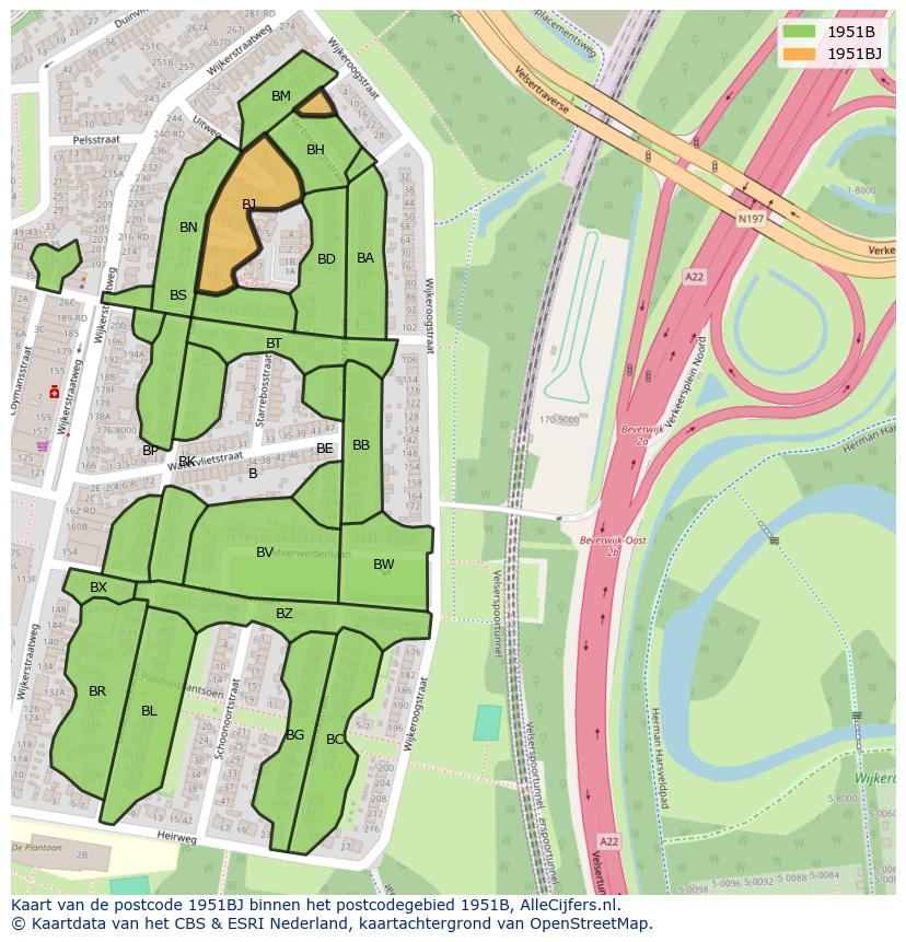 Afbeelding van het postcodegebied 1951 BJ op de kaart.