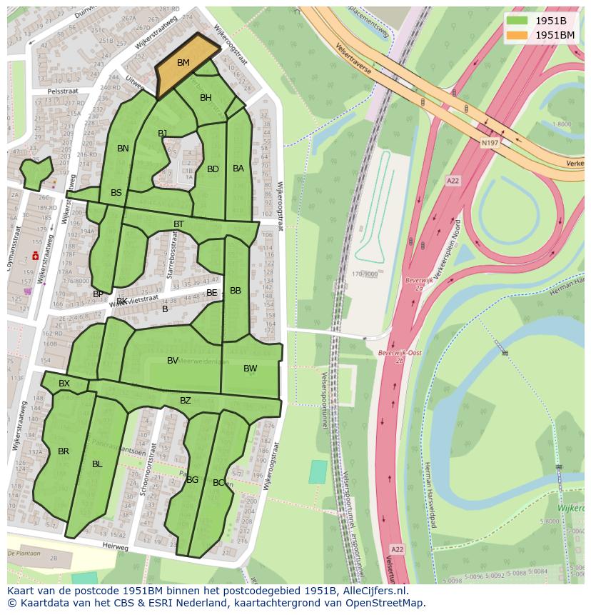 Afbeelding van het postcodegebied 1951 BM op de kaart.