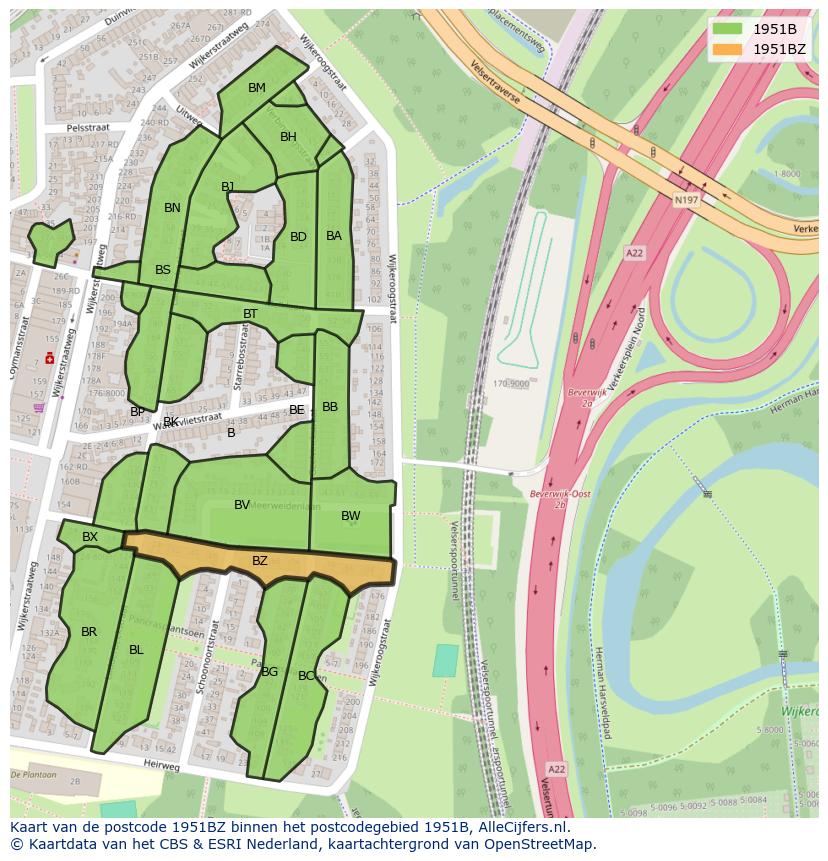 Afbeelding van het postcodegebied 1951 BZ op de kaart.