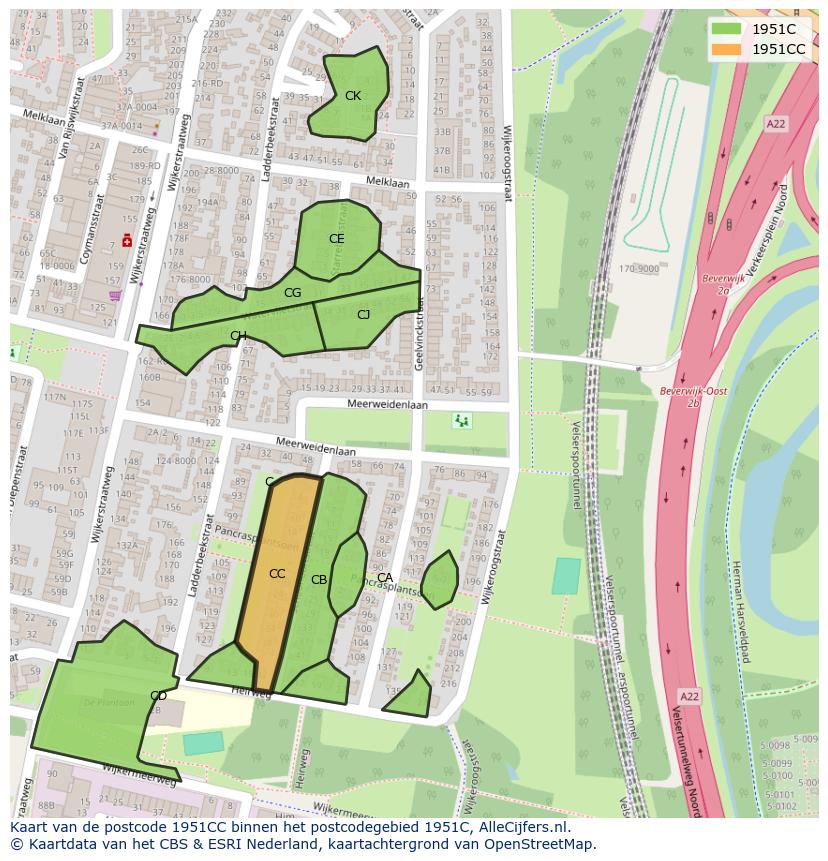 Afbeelding van het postcodegebied 1951 CC op de kaart.