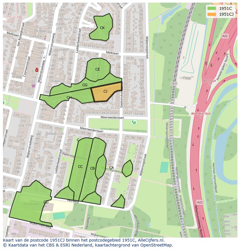 Afbeelding van het postcodegebied 1951 CJ op de kaart.