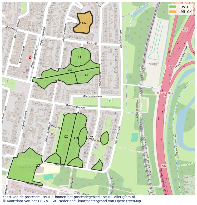 Afbeelding van het postcodegebied 1951 CK op de kaart.