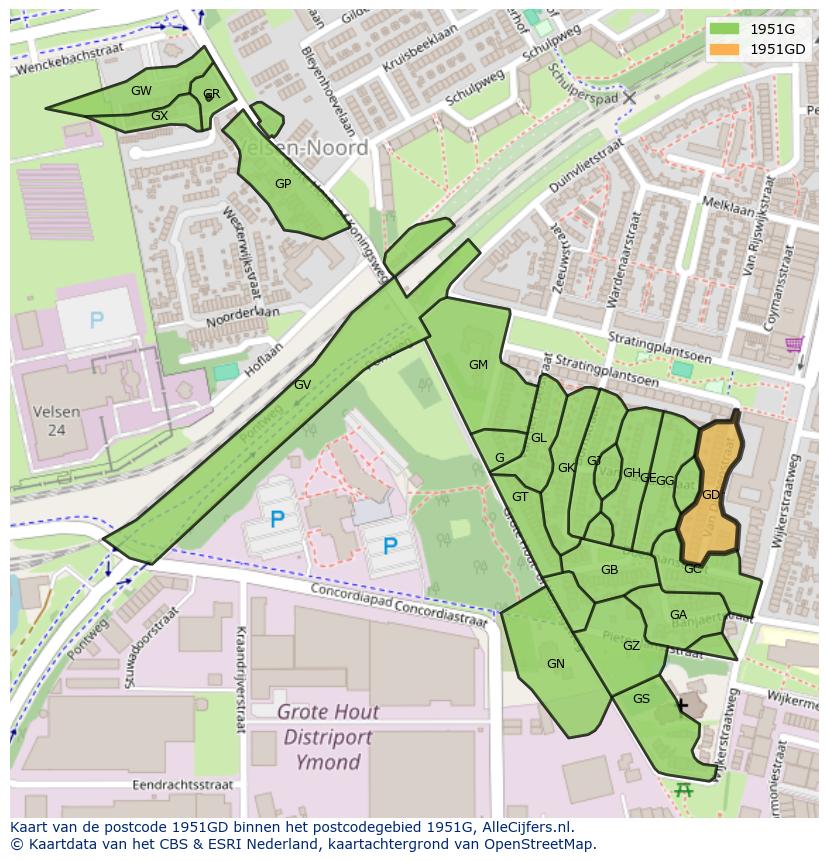 Afbeelding van het postcodegebied 1951 GD op de kaart.
