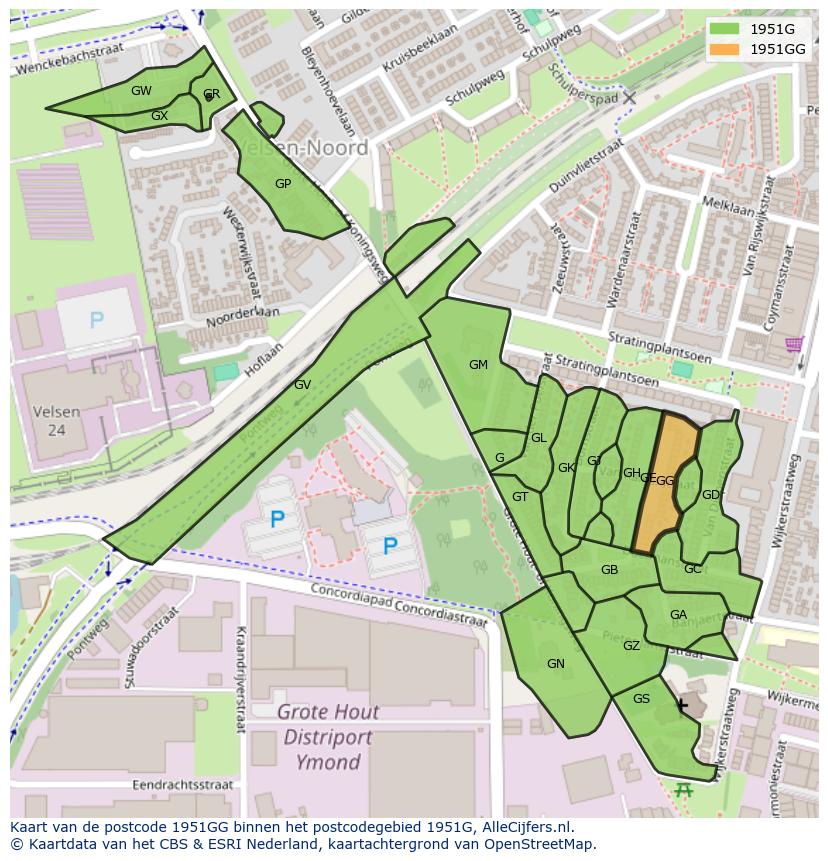 Afbeelding van het postcodegebied 1951 GG op de kaart.