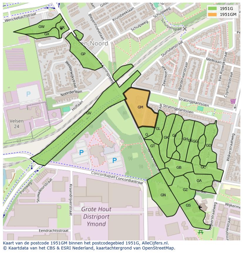 Afbeelding van het postcodegebied 1951 GM op de kaart.