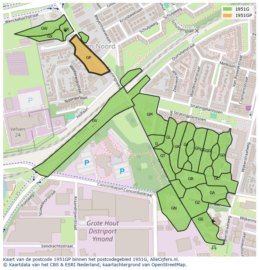 Afbeelding van het postcodegebied 1951 GP op de kaart.