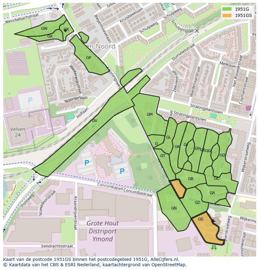 Afbeelding van het postcodegebied 1951 GS op de kaart.