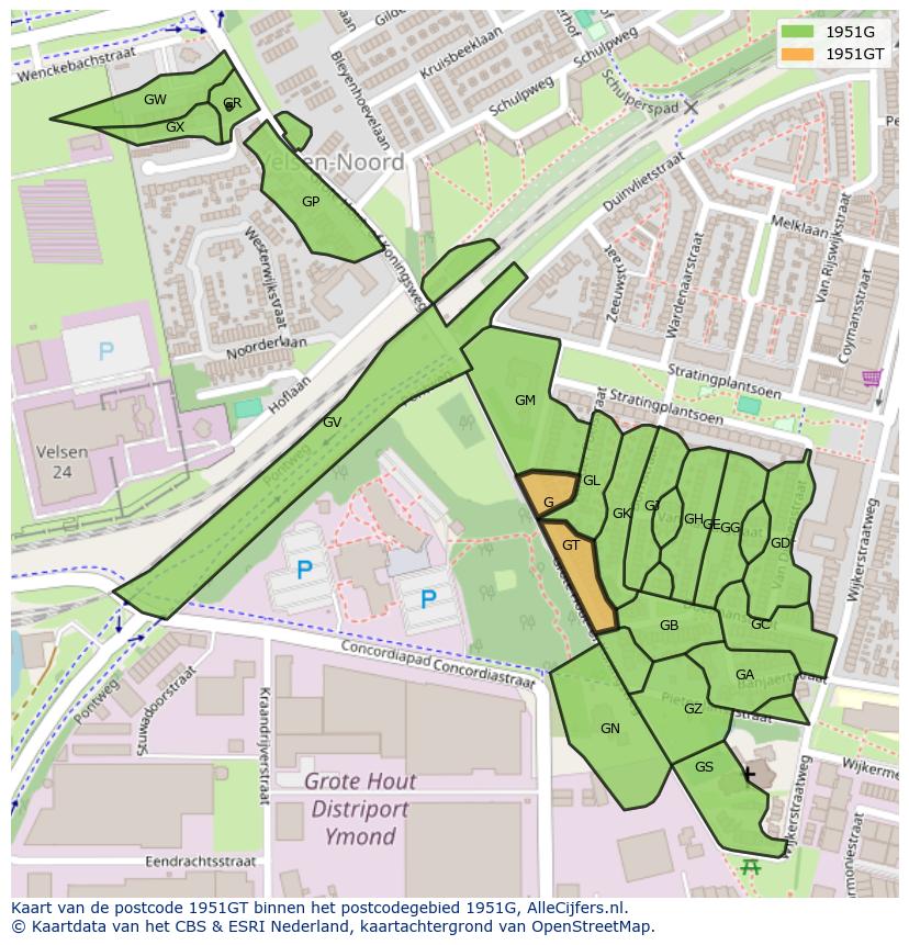 Afbeelding van het postcodegebied 1951 GT op de kaart.