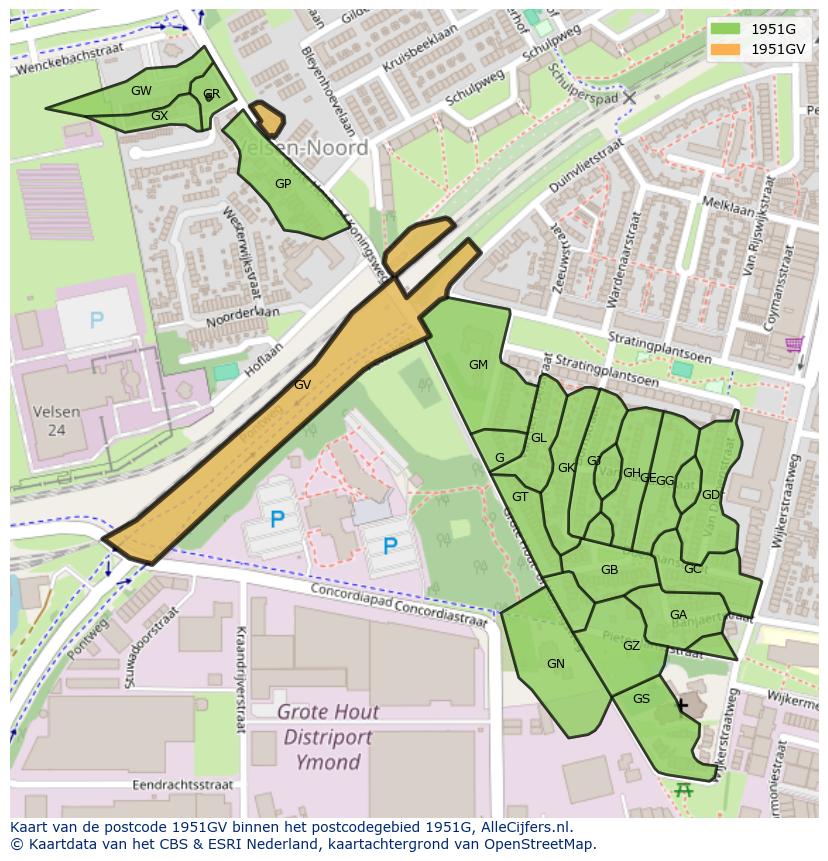 Afbeelding van het postcodegebied 1951 GV op de kaart.