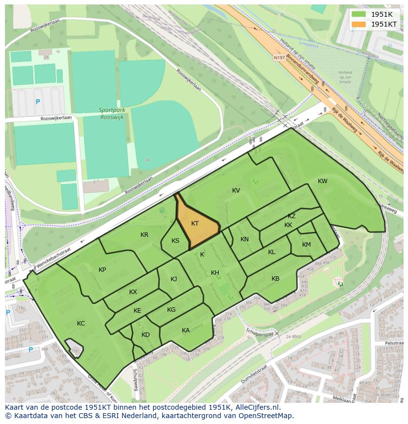 Afbeelding van het postcodegebied 1951 KT op de kaart.