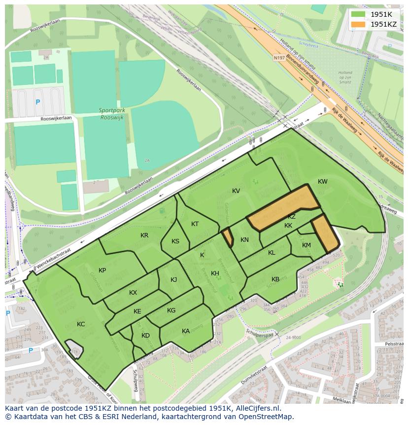Afbeelding van het postcodegebied 1951 KZ op de kaart.