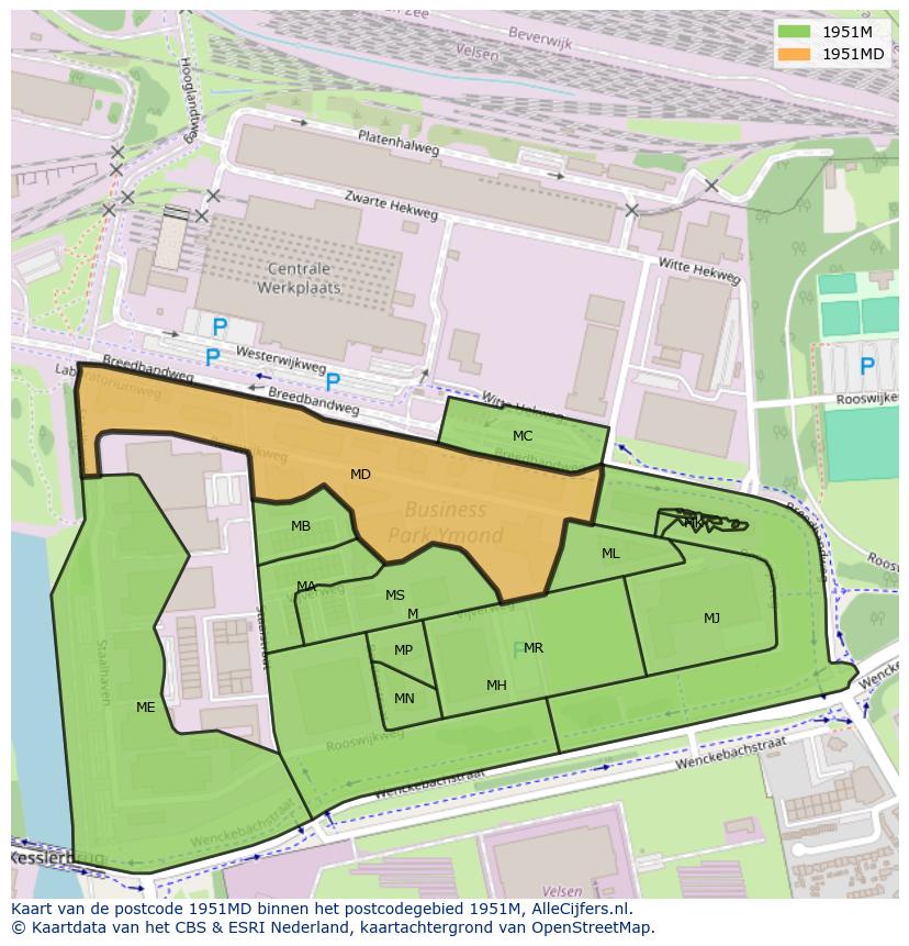 Afbeelding van het postcodegebied 1951 MD op de kaart.