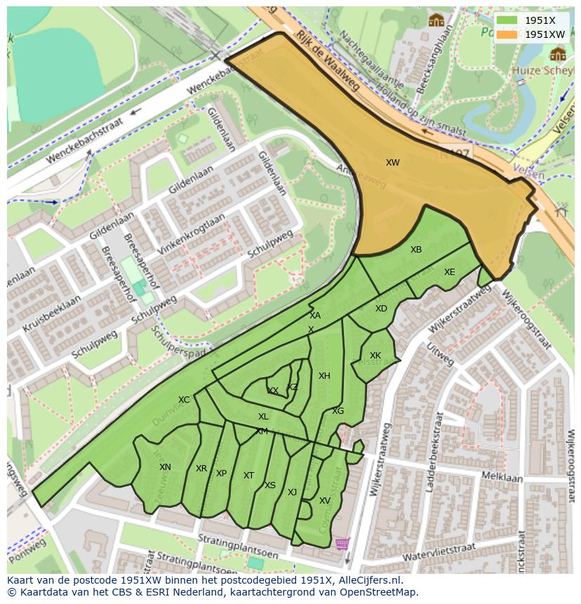 Afbeelding van het postcodegebied 1951 XW op de kaart.