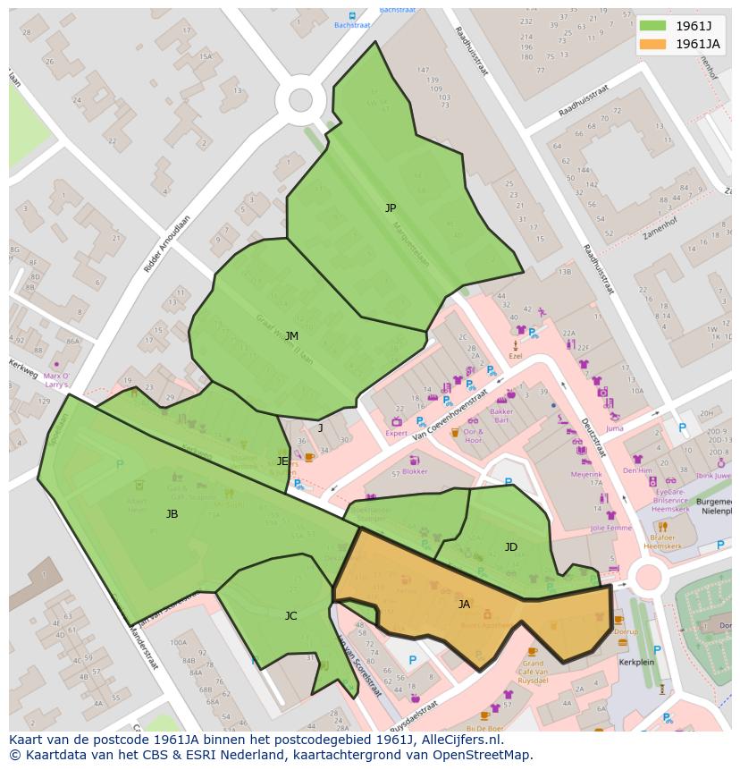 Afbeelding van het postcodegebied 1961 JA op de kaart.
