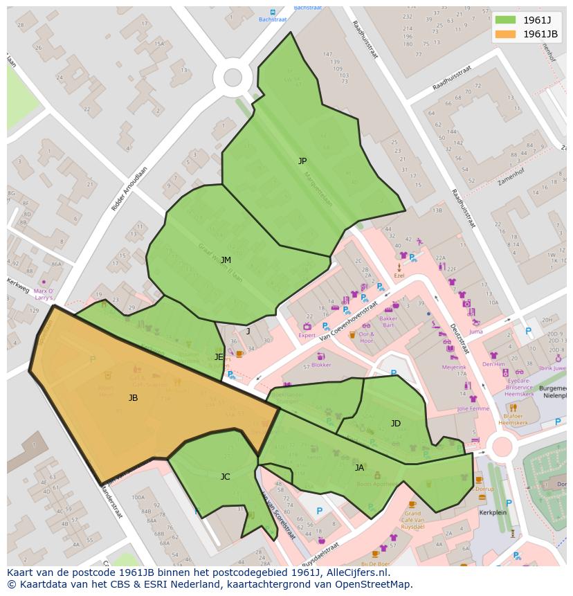 Afbeelding van het postcodegebied 1961 JB op de kaart.