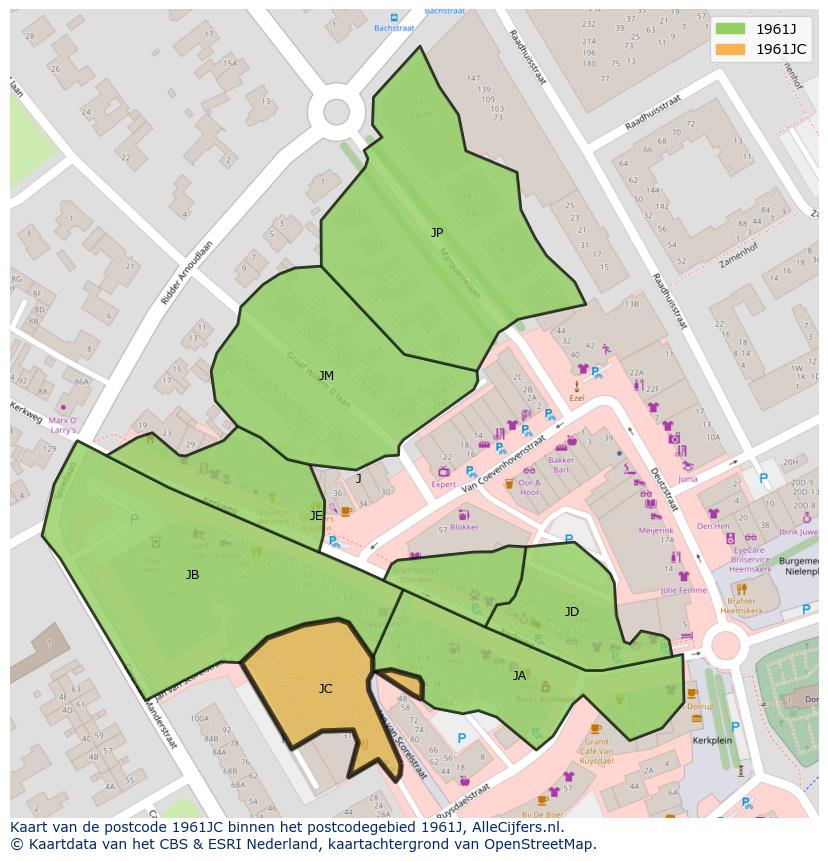Afbeelding van het postcodegebied 1961 JC op de kaart.