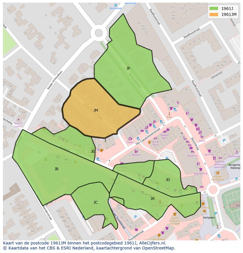 Afbeelding van het postcodegebied 1961 JM op de kaart.