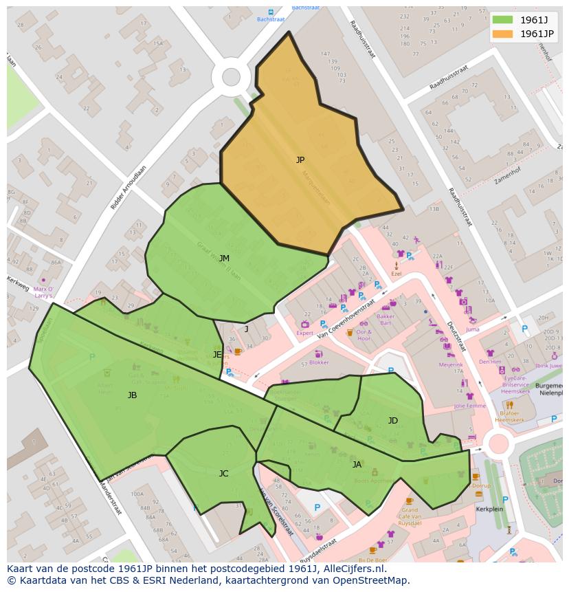 Afbeelding van het postcodegebied 1961 JP op de kaart.