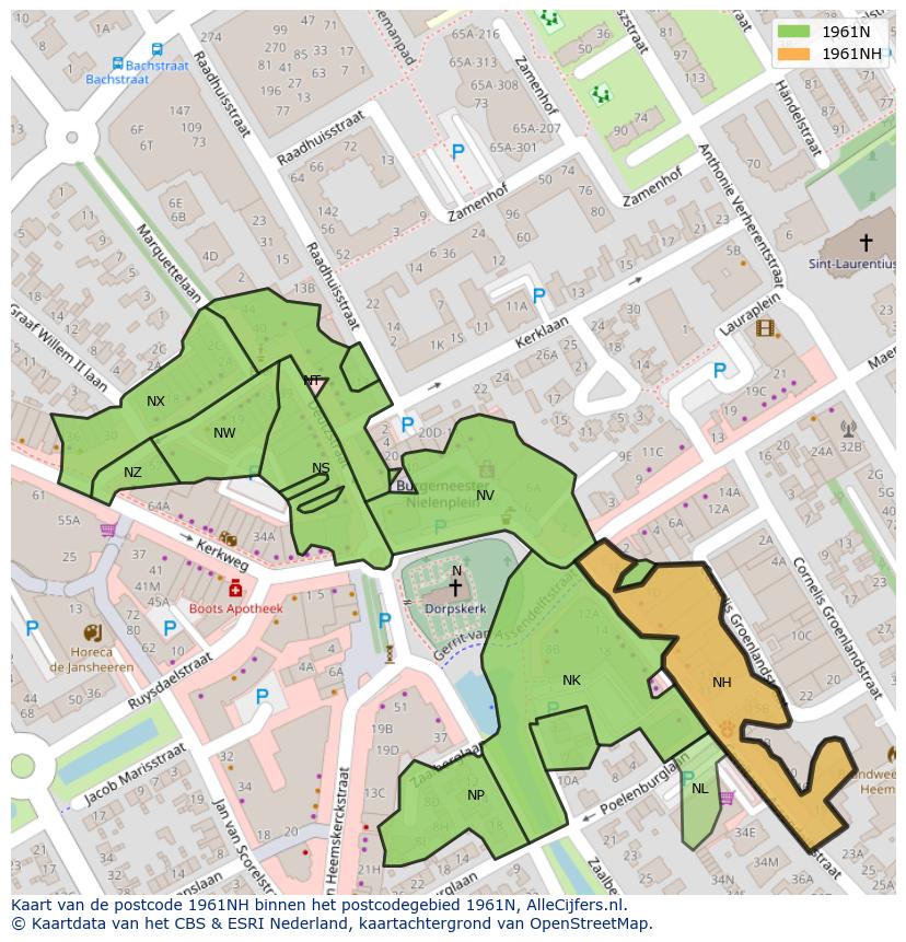 Afbeelding van het postcodegebied 1961 NH op de kaart.