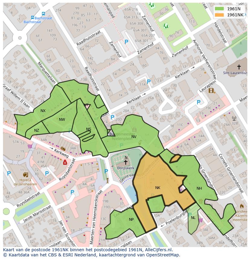 Afbeelding van het postcodegebied 1961 NK op de kaart.