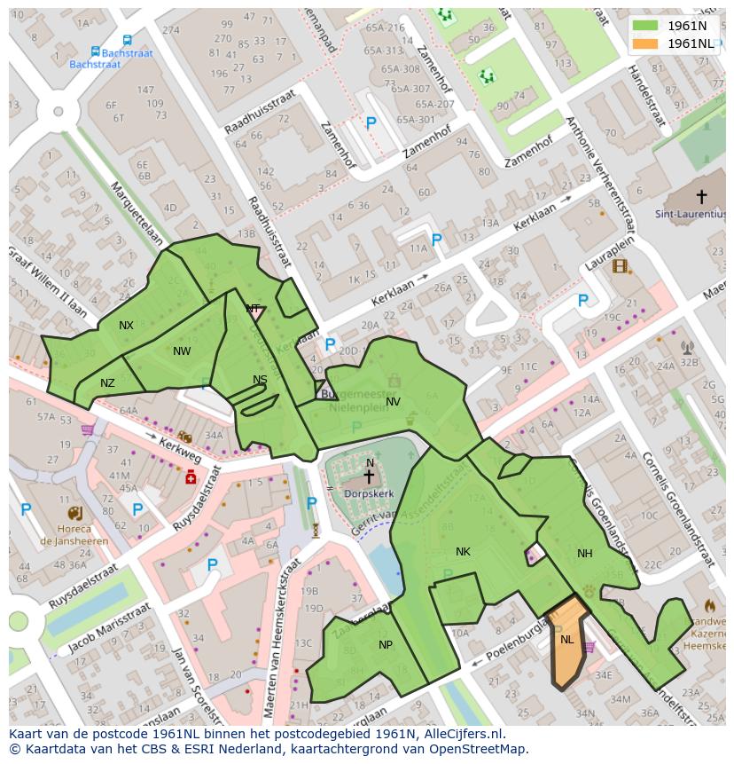 Afbeelding van het postcodegebied 1961 NL op de kaart.
