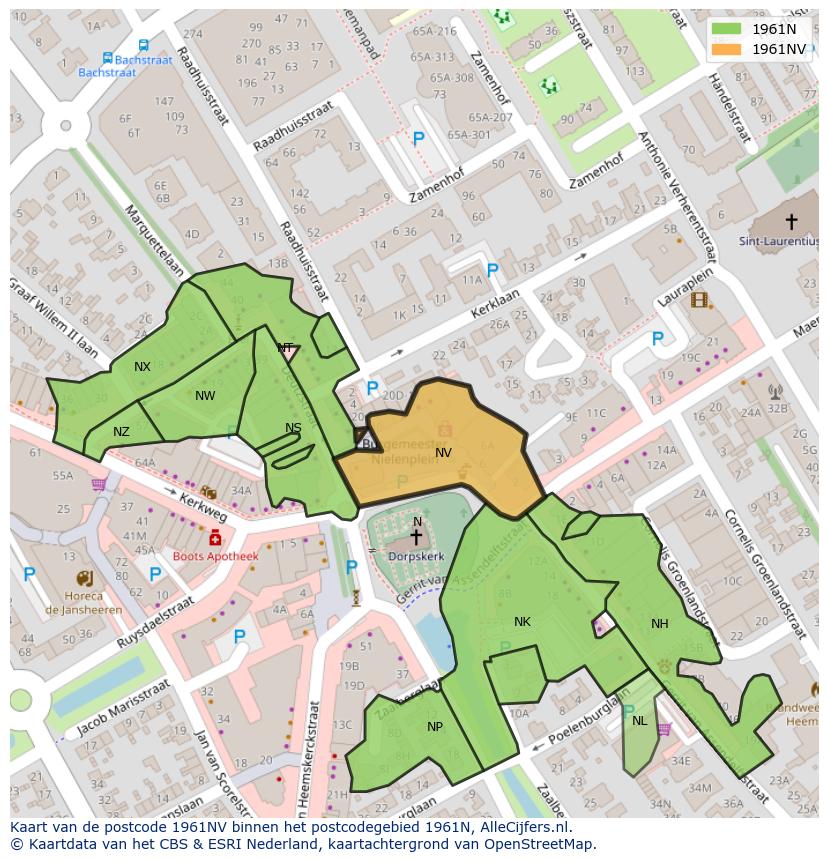 Afbeelding van het postcodegebied 1961 NV op de kaart.