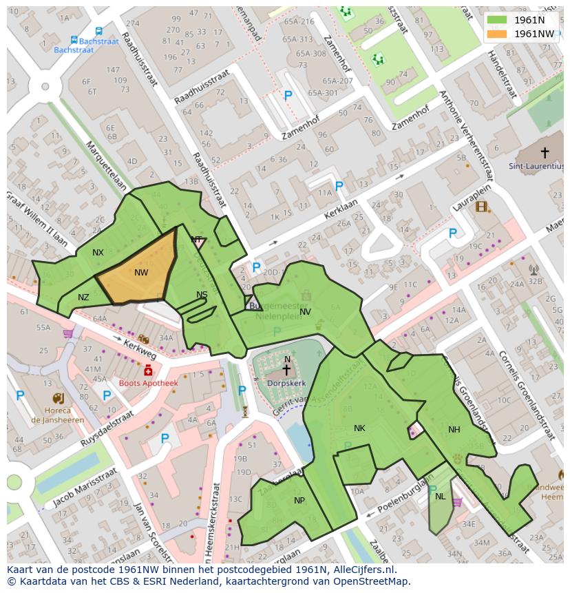 Afbeelding van het postcodegebied 1961 NW op de kaart.