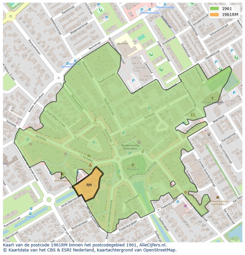 Afbeelding van het postcodegebied 1961 RM op de kaart.