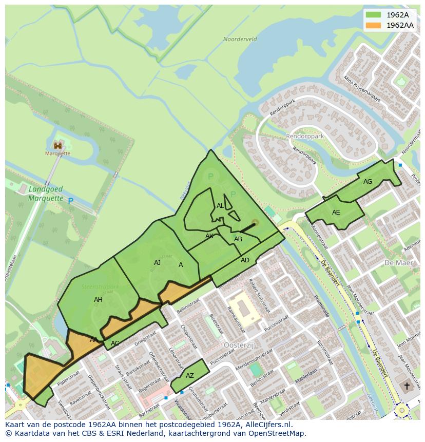 Afbeelding van het postcodegebied 1962 AA op de kaart.