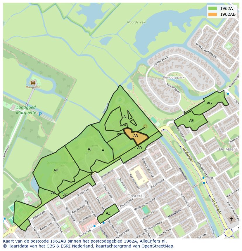 Afbeelding van het postcodegebied 1962 AB op de kaart.