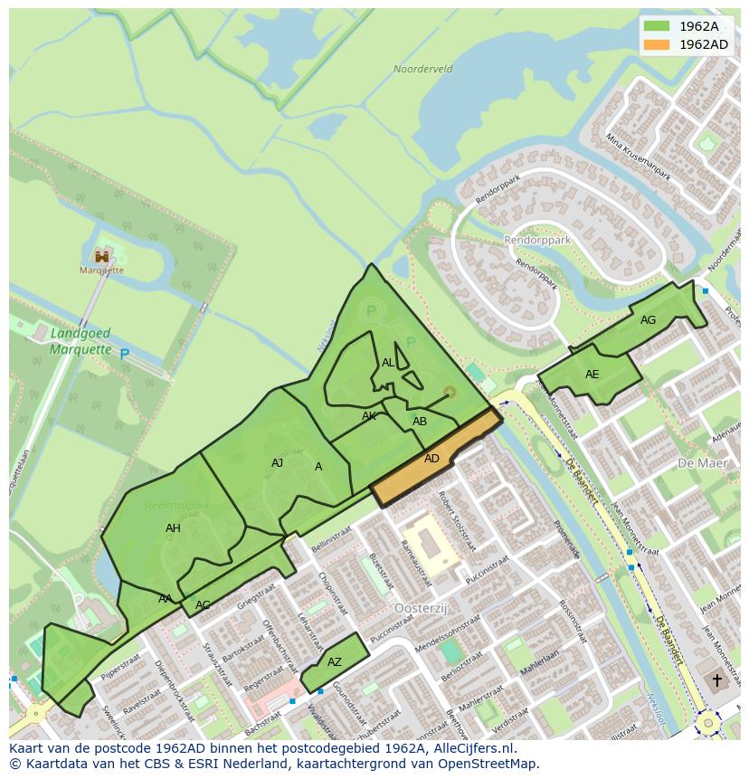 Afbeelding van het postcodegebied 1962 AD op de kaart.