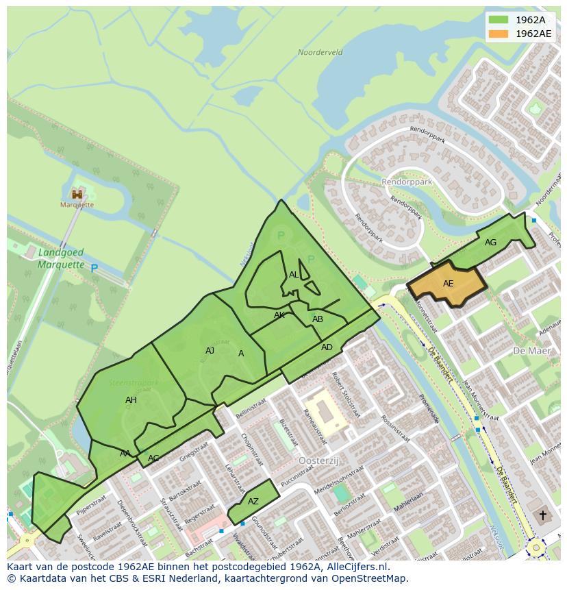 Afbeelding van het postcodegebied 1962 AE op de kaart.