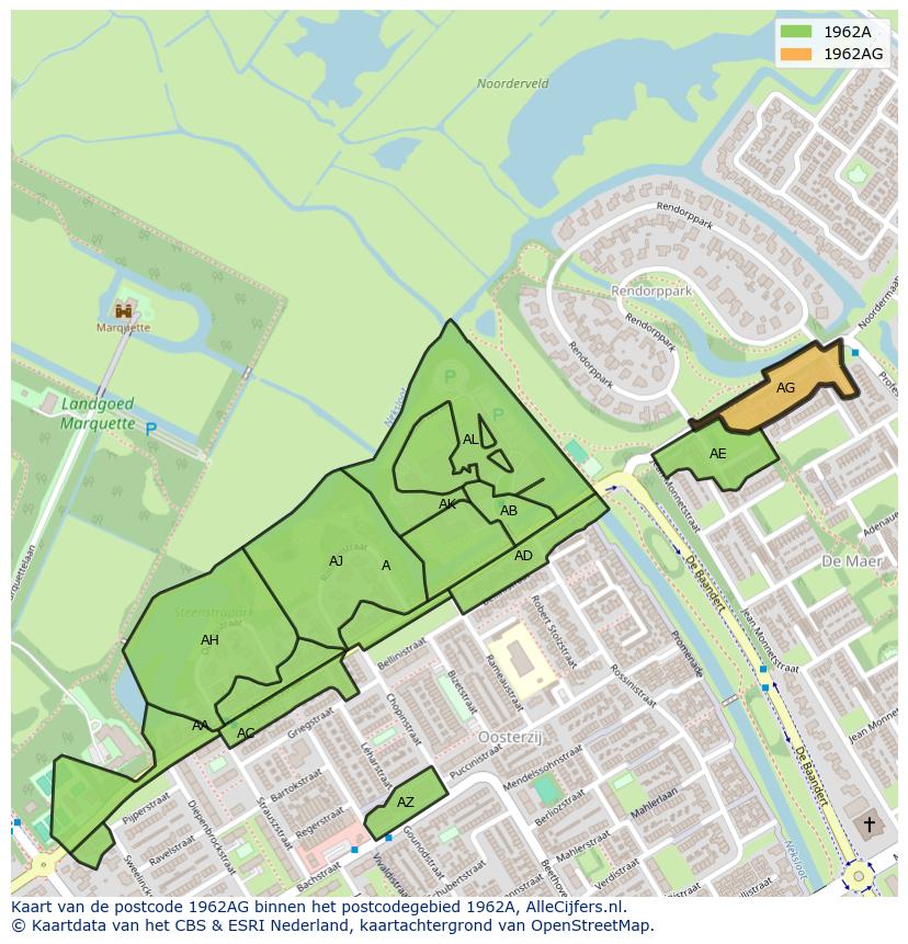 Afbeelding van het postcodegebied 1962 AG op de kaart.