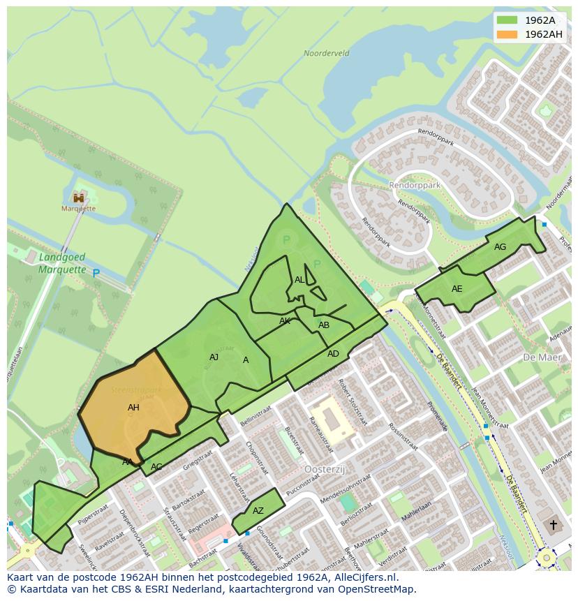 Afbeelding van het postcodegebied 1962 AH op de kaart.