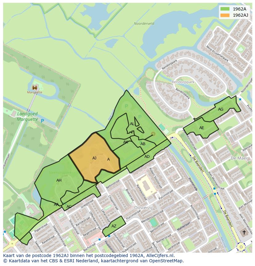 Afbeelding van het postcodegebied 1962 AJ op de kaart.