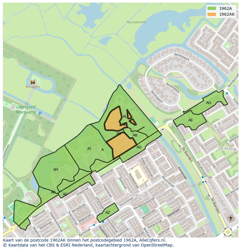 Afbeelding van het postcodegebied 1962 AK op de kaart.