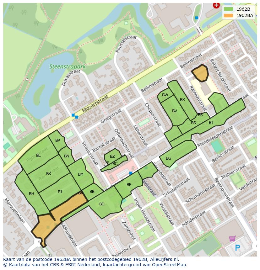 Afbeelding van het postcodegebied 1962 BA op de kaart.