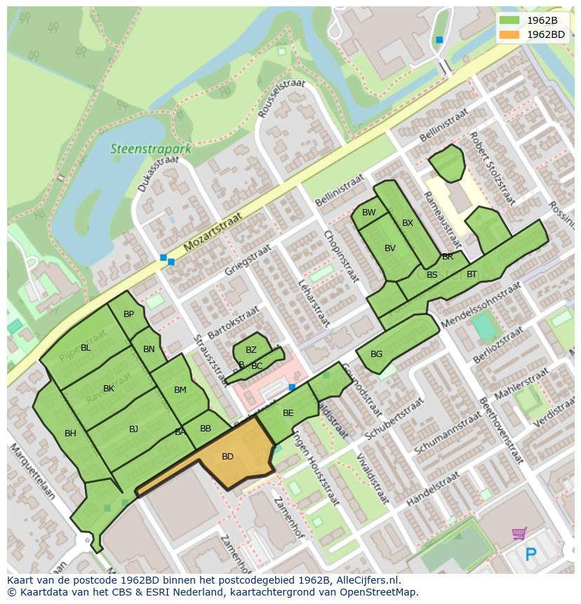 Afbeelding van het postcodegebied 1962 BD op de kaart.