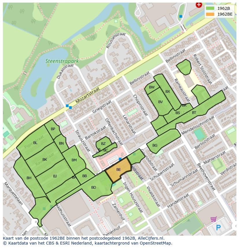 Afbeelding van het postcodegebied 1962 BE op de kaart.